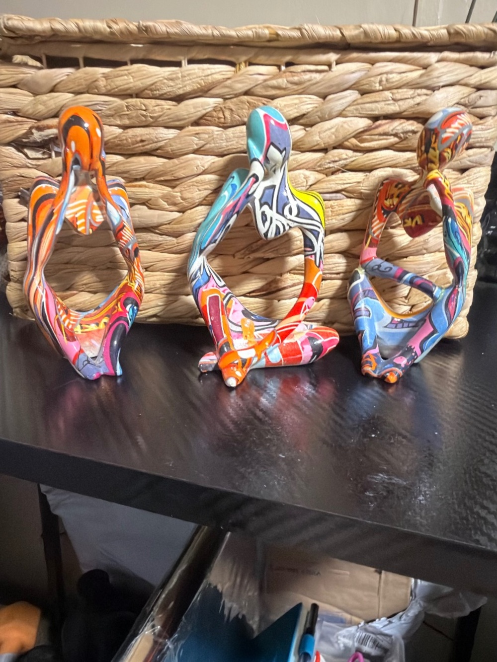 Set of 3 Abstract Graffiti Thinker Statues Colorful Modern Pop Art Sculptures
